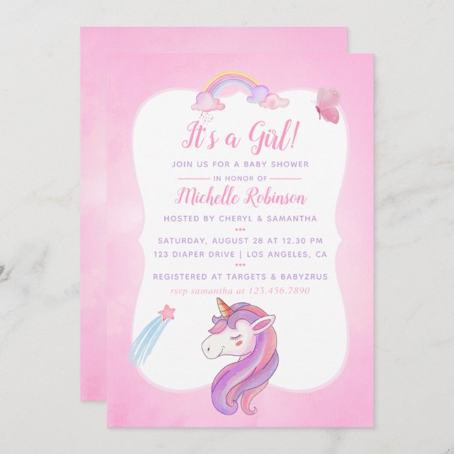 Convite Chá Rainbow Unicorn Baby Girl (Frente/Verso)