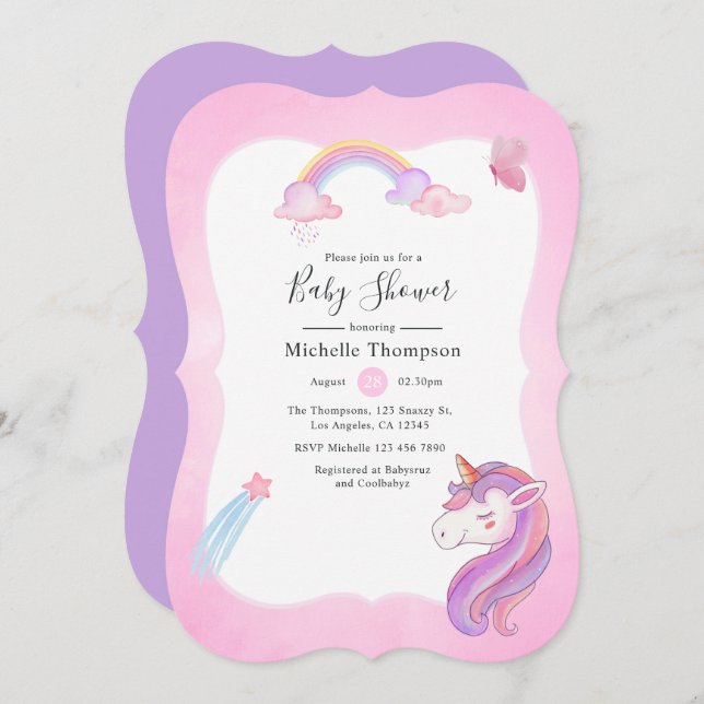 Convite Chá Rainbow Unicorn Baby Girl (Frente/Verso)