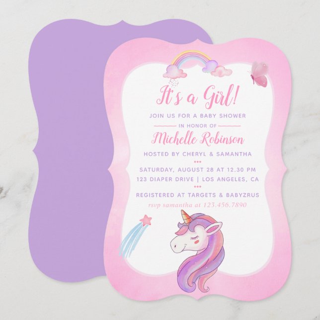 Convite Chá Rainbow Unicorn Baby Girl (Frente/Verso)