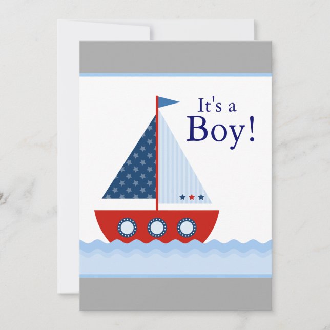 Convite Chá Red White e Blue Sailboat Baby Boy (Frente)