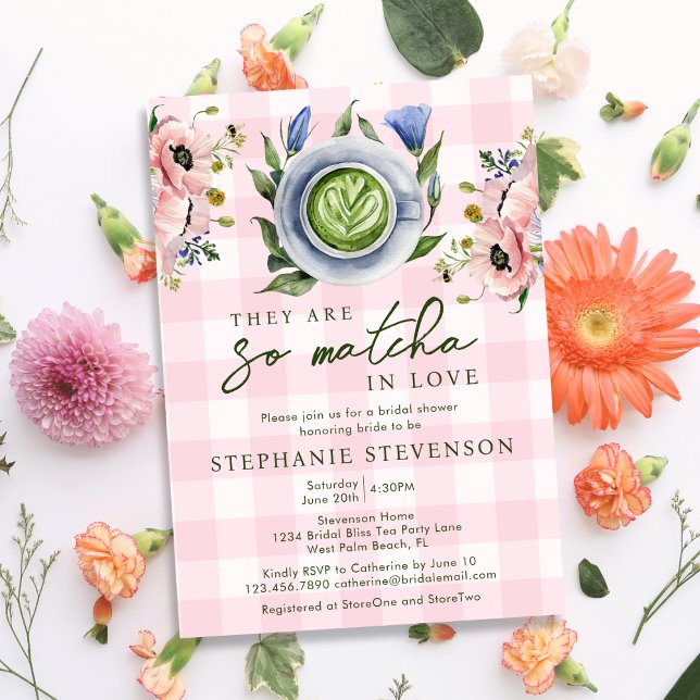 Convite Chá Revelação Floral Rosa Tema Matcha Perfeito (Criador carregado)