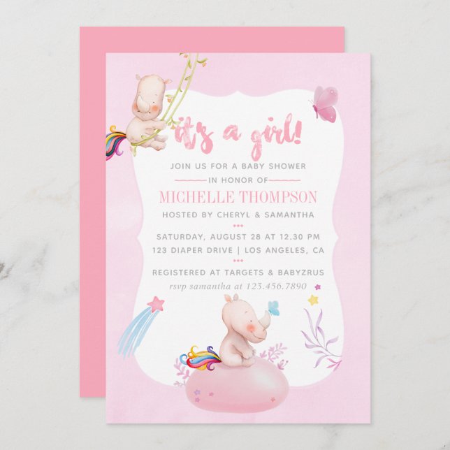 Convite Chá Rino Unicorn da Cama de Cores-d'Água (Frente/Verso)