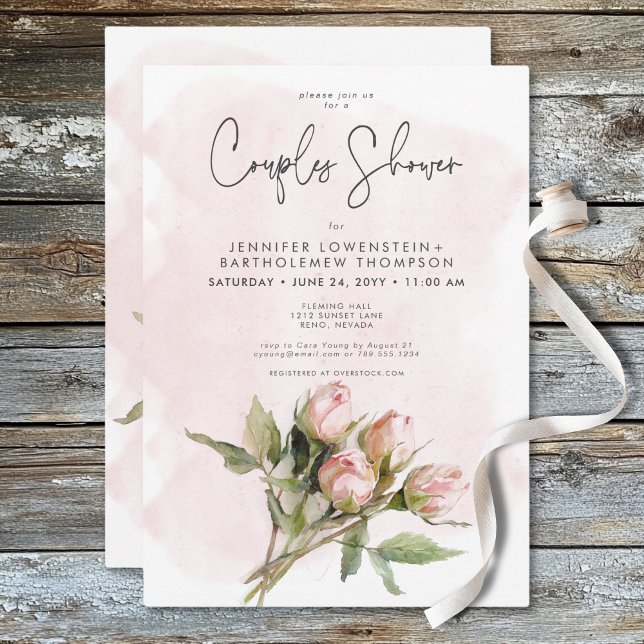 Convite Chá Romântico de Casais de Rosas Rosa-Cana-de-Água (Romantic Watercolor Pink Roses Couples Shower Invitation)