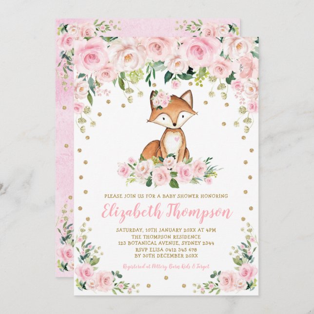 Convite Chá Rosa Blush Floral Woodland Fox Baby Girl (Frente/Verso)