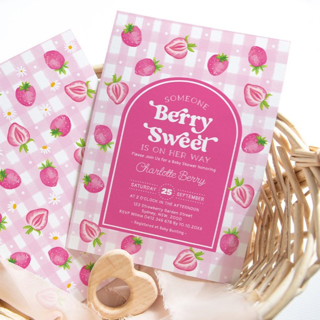 Convite Chá Rosa Boho Strawberry Berry Sweet Baby Girl (Criador carregado)