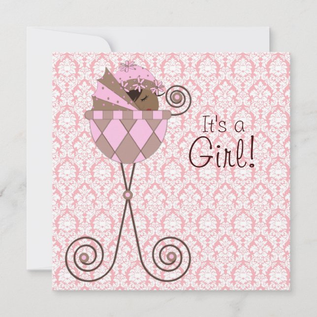 Convite Chá Rosa Damask Rosa Castanho Menino Rosa (Frente)