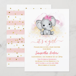 Convite Chá Rosa de Menina Dourada de Elefante Bonito