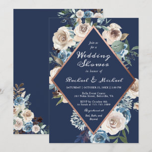 Convite Chá Rosa Dourado Casal Floral marinho Azul