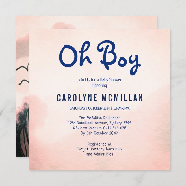 Convite Chá rosa Dourado Verde Verde Botânico Bebê  (Frente/Verso)