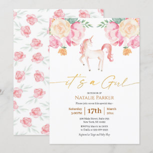 Convite Chá Rosa Unicorn Floral Watercolor Baby Girl
