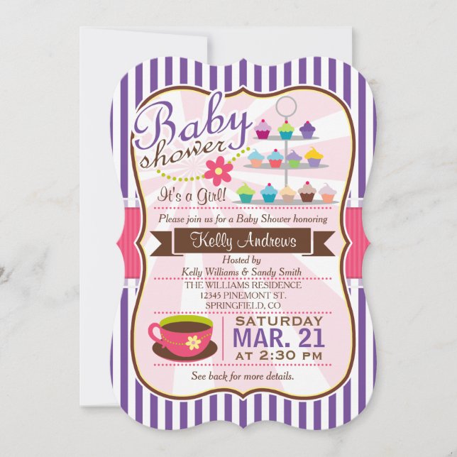 Convite Chá Roxo, Castanho e Rosa, Chá de fraldas Cupcake (Frente)