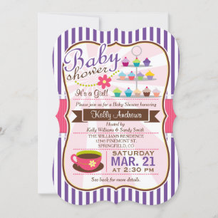 Convite Chá Roxo, Castanho e Rosa, Chá de fraldas Cupcake
