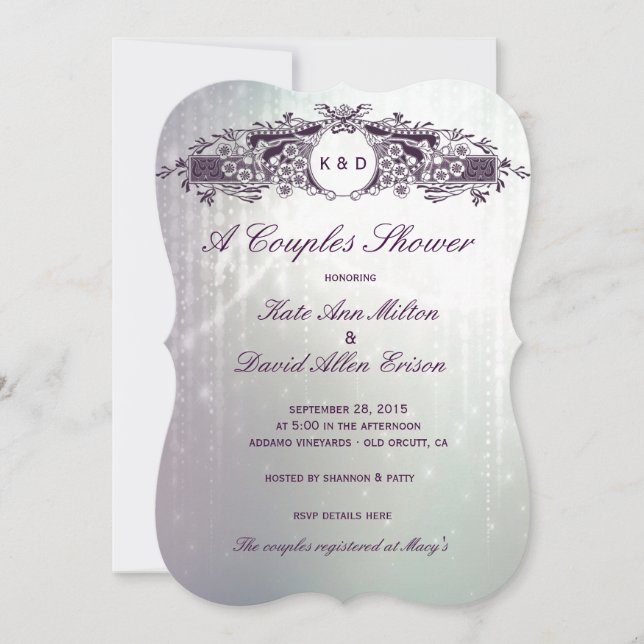 Convite Chá roxo ornamentado francês do casal da faísca do (Frente)