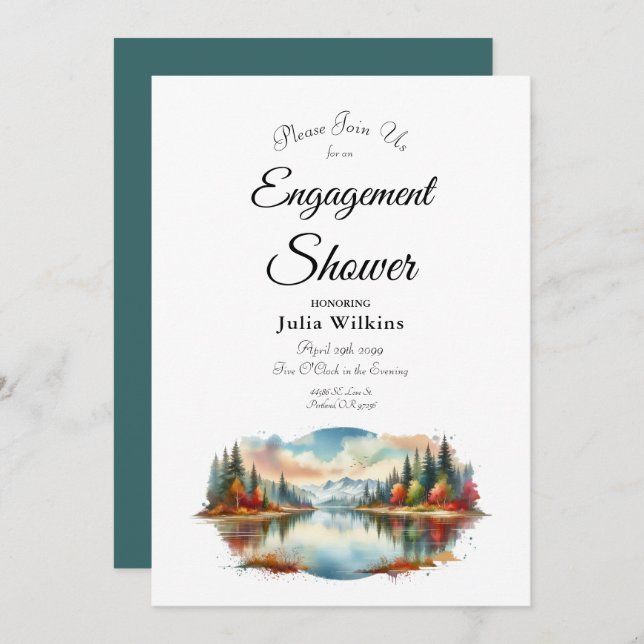 Convite Chá Russo de Noivado Florestal de Lakeside (Frente/Verso)