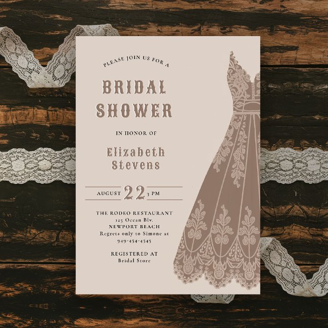 Convite Chá Russo de Vestido Bridal Ocidental Cowgirl (western bridal shower invitation cowgirl dress elegant lace country rustic chic barn ranch backyard)