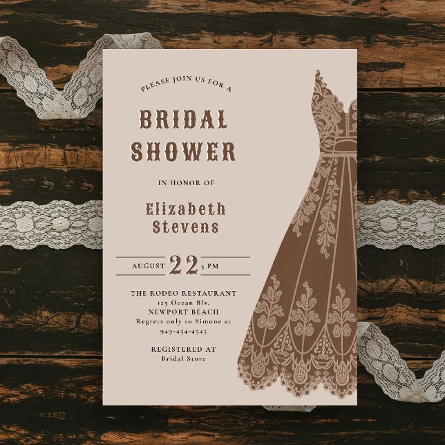 Convite Chá Russo de Vestido de Noiva Ocidental Cowgirl La (western bridal shower invitation cowgirl dress elegant brown country rustic chic barn ranch backyard)