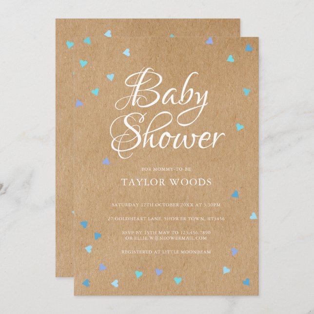 Convite Chá Rustic Blue Love Hearts Baby Boy/Sprinkle (Frente/Verso)