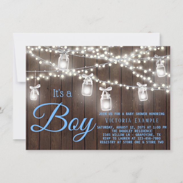 Convite Chá Rustic Mason Jar String Light Baby Boy (Frente)