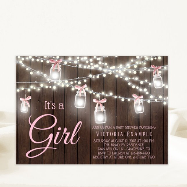 Convite Chá Rustic Mason Jar String Light Baby Girl (Cute rustic string lights, jars and bows baby shower invitation. Simply add your event details.)
