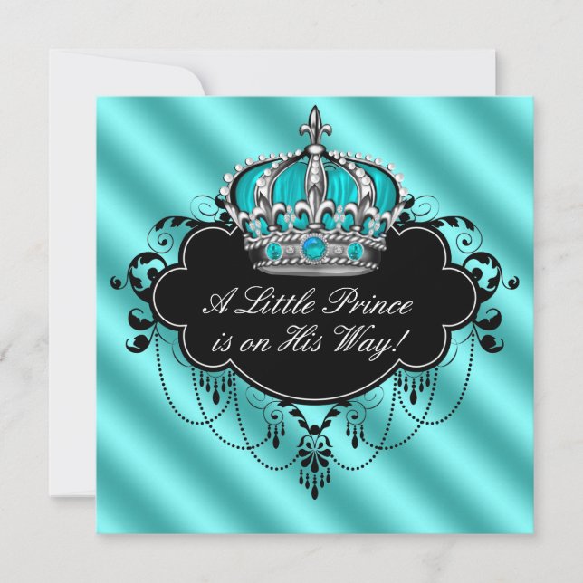 Convite Chá Teal Blue Damask Prince Boy (Frente)