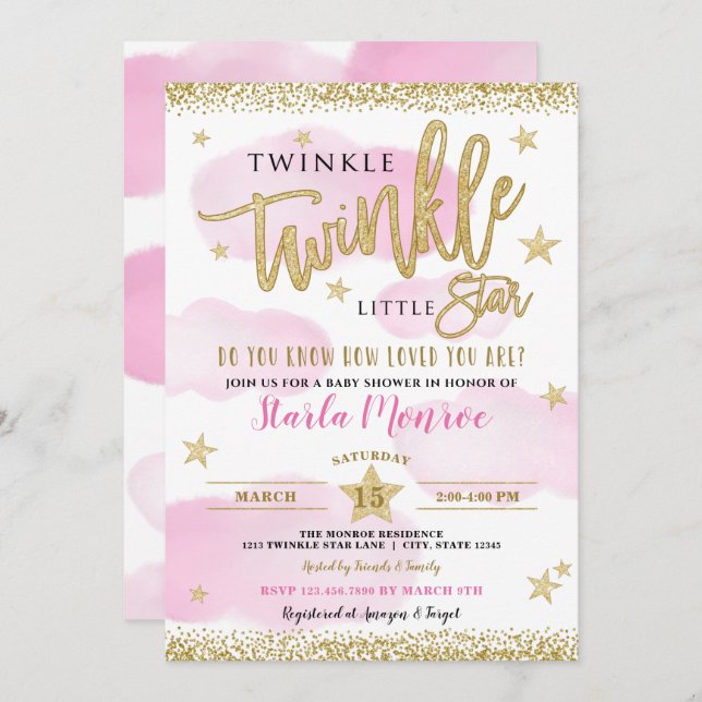 Convite Chá Twinkle Twinkle Little Star Baby Girl (Frente/Verso)