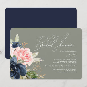Convite Chá Verde Bege Azul Floral Chá de Noiva