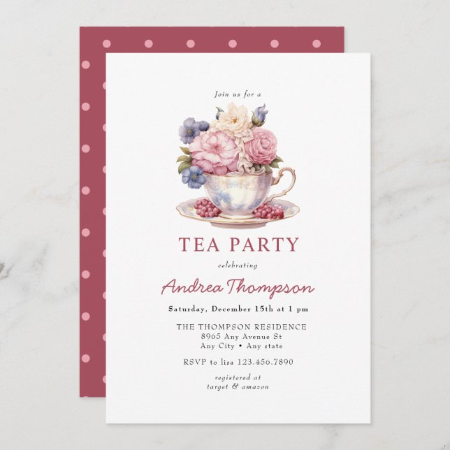 Convite Chá Vintage | Festa de Chá de Flores (Frente/Verso)