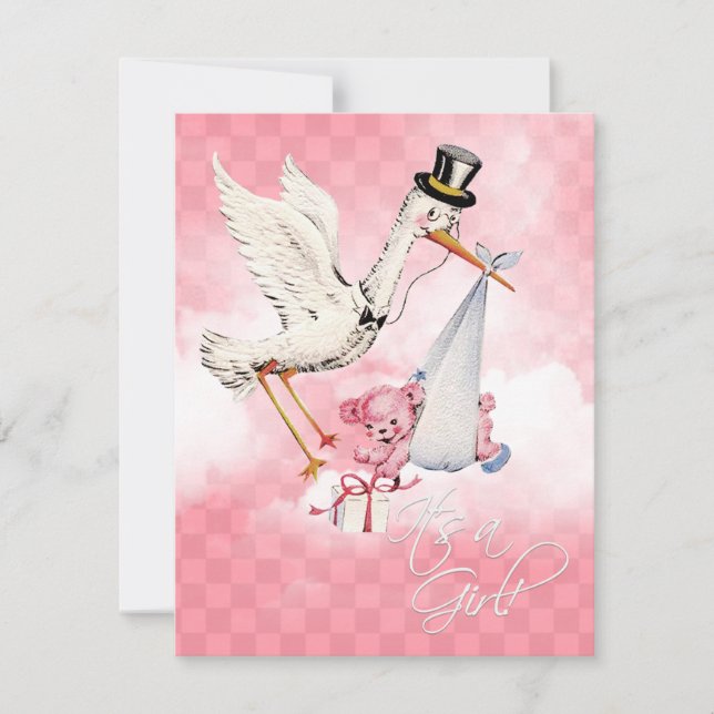 Convite Chá Vintage Stork Baby Girl (Frente)