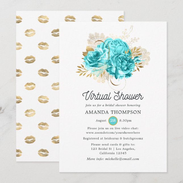 Convite Chá virtual azul-aqua e Dourado floral (Frente/Verso)