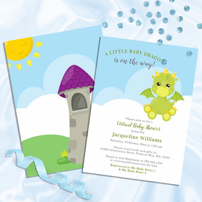 Convite Chá Virtual Baby Boy do Dragão Whimsical (Whimsical Dragon Virtual Baby Boy Shower Virtual Invitation)