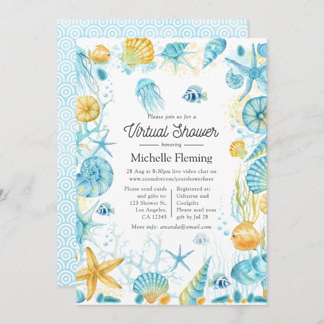 Convite Chá virtual da vida no mar azul e amarelo (Frente/Verso)
