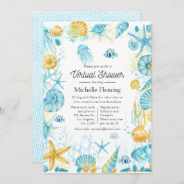 Convite Chá virtual da vida no mar azul e amarelo