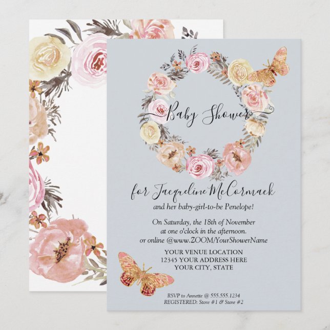 Convite Chá Virtual de Borda Floral Dusty Blue (Frente/Verso)