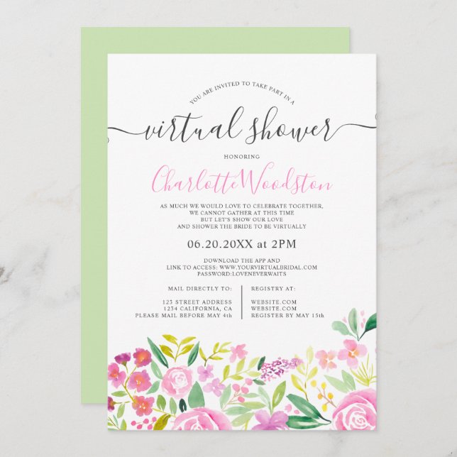 Convite Chá virtual de script de aquarela floral de limão  (Frente/Verso)