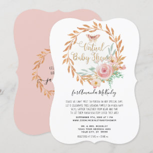 Convite Chá Virtual Dourado de Rosa Floral Moderno com Aq
