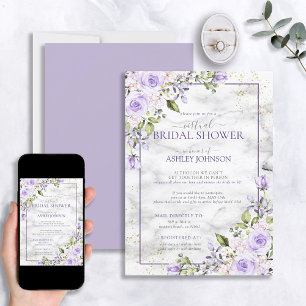 Convite Chá Virtual Floral Dourado Marble Lavanda Lilac
