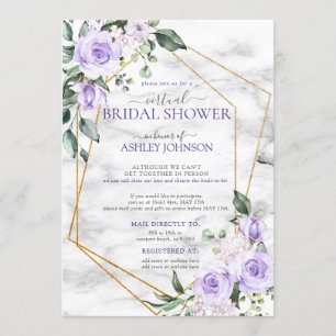 Convite Chá Virtual Floral Dourado Marble Lavanda Lilac