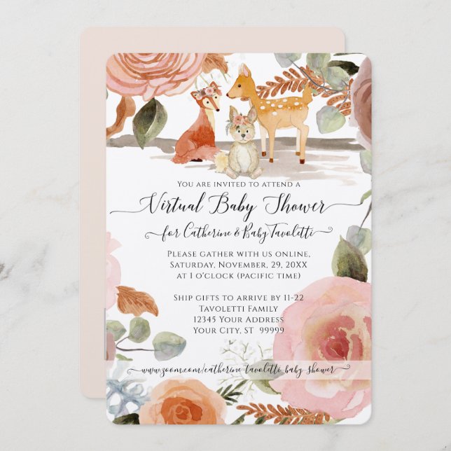 Convite Chá Virtual Floral Woodland Deer Fox Baby Girl (Frente/Verso)