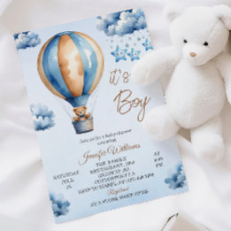 Convite Chá Whimsic Blue Hot Air Balloon Baby Boy
