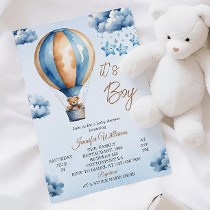 Convite Chá Whimsic Blue Hot Air Balloon Baby Boy
