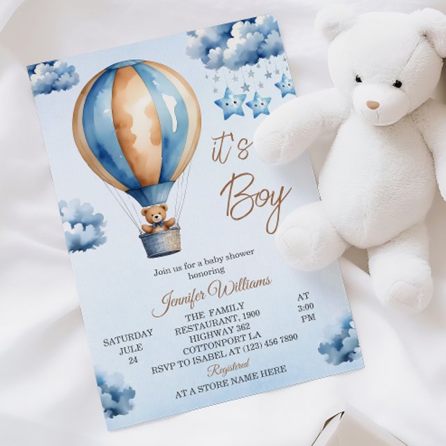 Convite Chá Whimsic Blue Hot Air Balloon Baby Boy (Criador carregado)