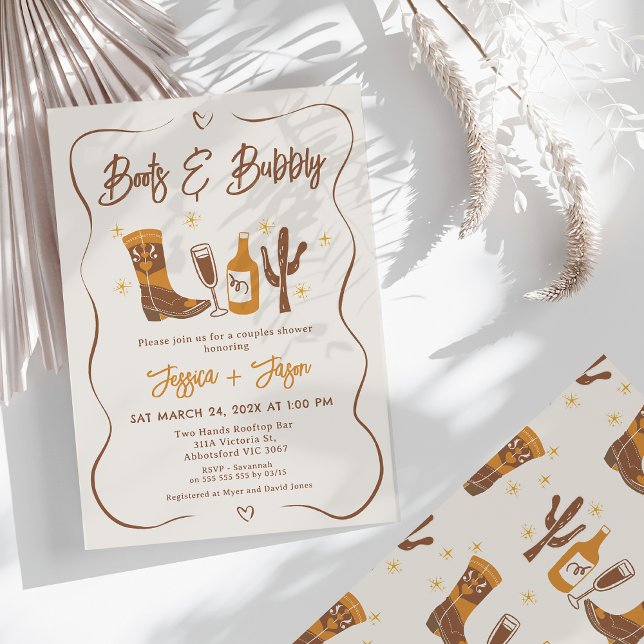 Convite Chá Whimsic Bridal Boots and Bubble Casal (Boots and Bubbly Couples Shower Invitation Whimsical Couples Shower Invitation Hearts Champagne)