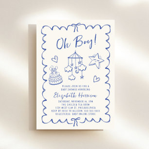 Convite Chá Whimsical Blue Wavy Frame Baby Boy
