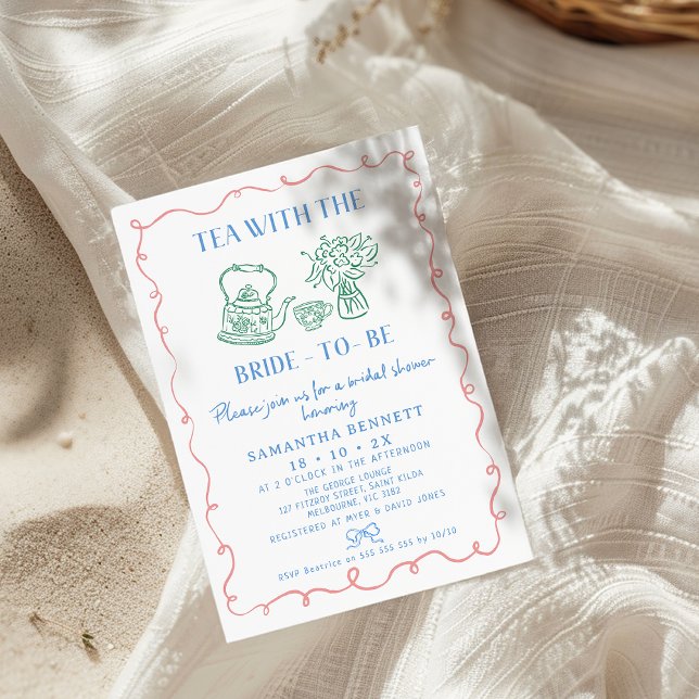 Convite Chá Whimsical Multicolor Com Chá de panela Bride (Whimsical Tea Bridal Shower Invitation, Hand Drawn Three Colors, Tea With Bride To Be Bridal Shower,)
