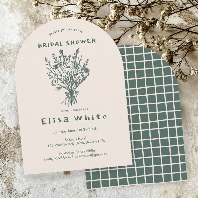 Convite Chá Whimssic Arch Rústico Buquê de Flores Selvagen (Wildflower Bouquet Rustic Arch Whimsical Bridal Shower Invitation Sage Green
)