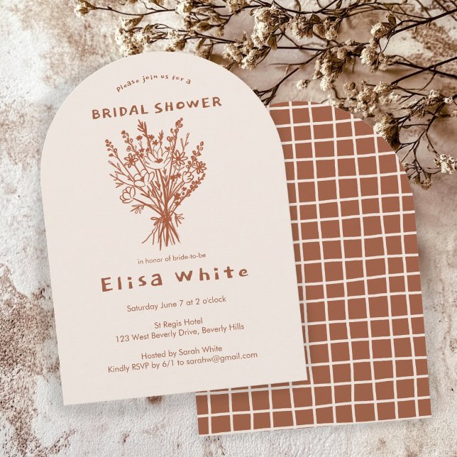 Convite Chá Whimssic Arch Rústico Buquê de Flores Selvagen (Wildflower Bouquet Rustic Arch Whimsical Terracotta Earthy BRIDAL Shower Invitation
)