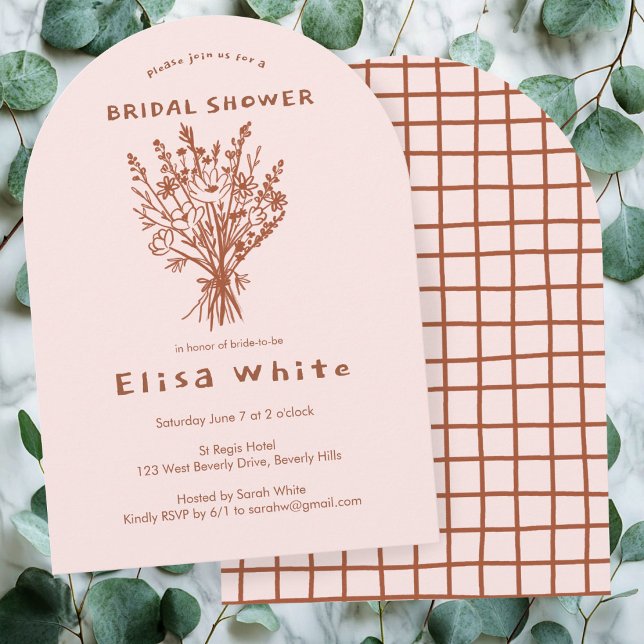 Convite Chá Whimssic Arch Rústico Buquê de Flores Selvagen (Wildflower Bouquet Rustic Arch Neutrals Pink Hand-drawn Whimsical Shower Invitation
)