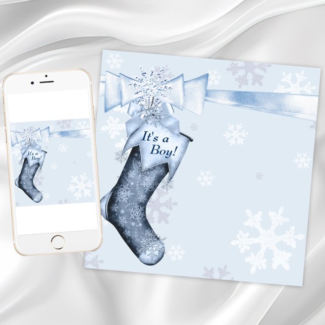Convite Chá White Winter Blue Snowflakes Baby Boy (Boy Christmas baby shower invitation with Christmas stocking and snowflakes. Digital and printed.)