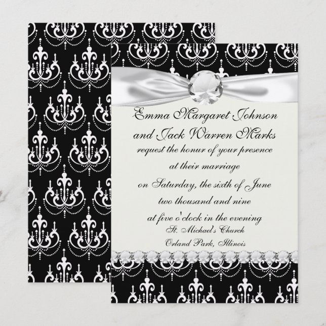 Convite chadelier branco sobre design de damasco preto mod (Frente/Verso)