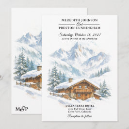 Convite Chalé de Montanha de Inverno Aquarela Casamento Na